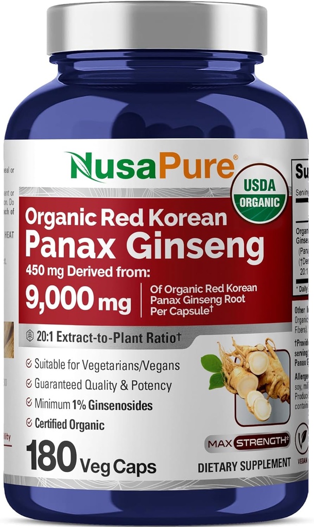 NusaPure Red Korean Panax Ginseng 20:1 Extract, 450 mg Equivalent to 9,000 mg 180 Veggie Caps (USDA Organic, Non-GMO, Vegan, Vegetarian, Bioperine) 2