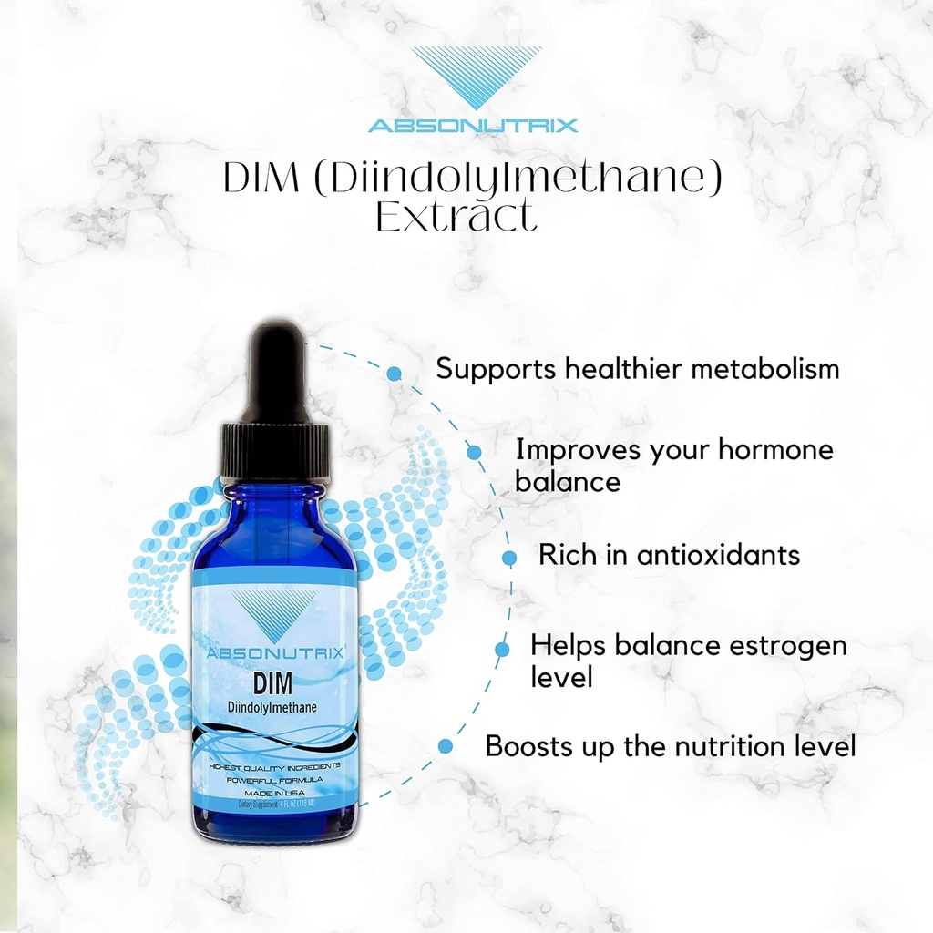 Absonutrix DIM (Diindolylmethane) Extract 593 mg, 4 Oz Bottle, 200 Potent Servings, Third-Party Tested Drops, Quick Absorption, Gluten-Free, Third-Party Tested, GMP-Certified, Non-GMO, Made in USA 4