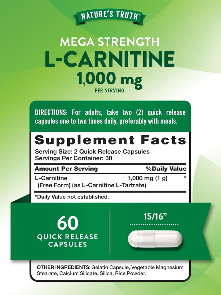 Nature's Truth L-Carnitine 1000mg | 60 Capsules | Mega Strength | Free Form | Non-GMO & Gluten Free Supplement 3