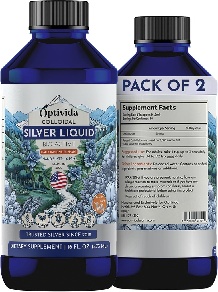 Optivida Health Colloidal Silver Liquid (2 Pack) – Premium Nano Silver Colloidal Supplement for Daily Wellness & Immune Support, Natural Liquid Silver Hydrosol for Adults & Kids, Non-GMO, Gluten-Free 2