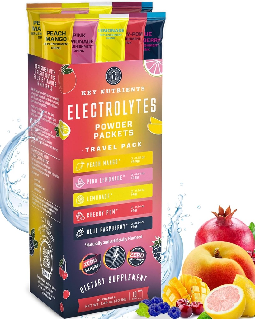 KEY NUTRIENTS Multivitamin Electrolytes Powder No Sugar - 5 Delicious Flavors Electrolyte Powder - Endurance & Energy Supplement - Hydration Powder - No Calories - 10 Servings - Made in USA 2