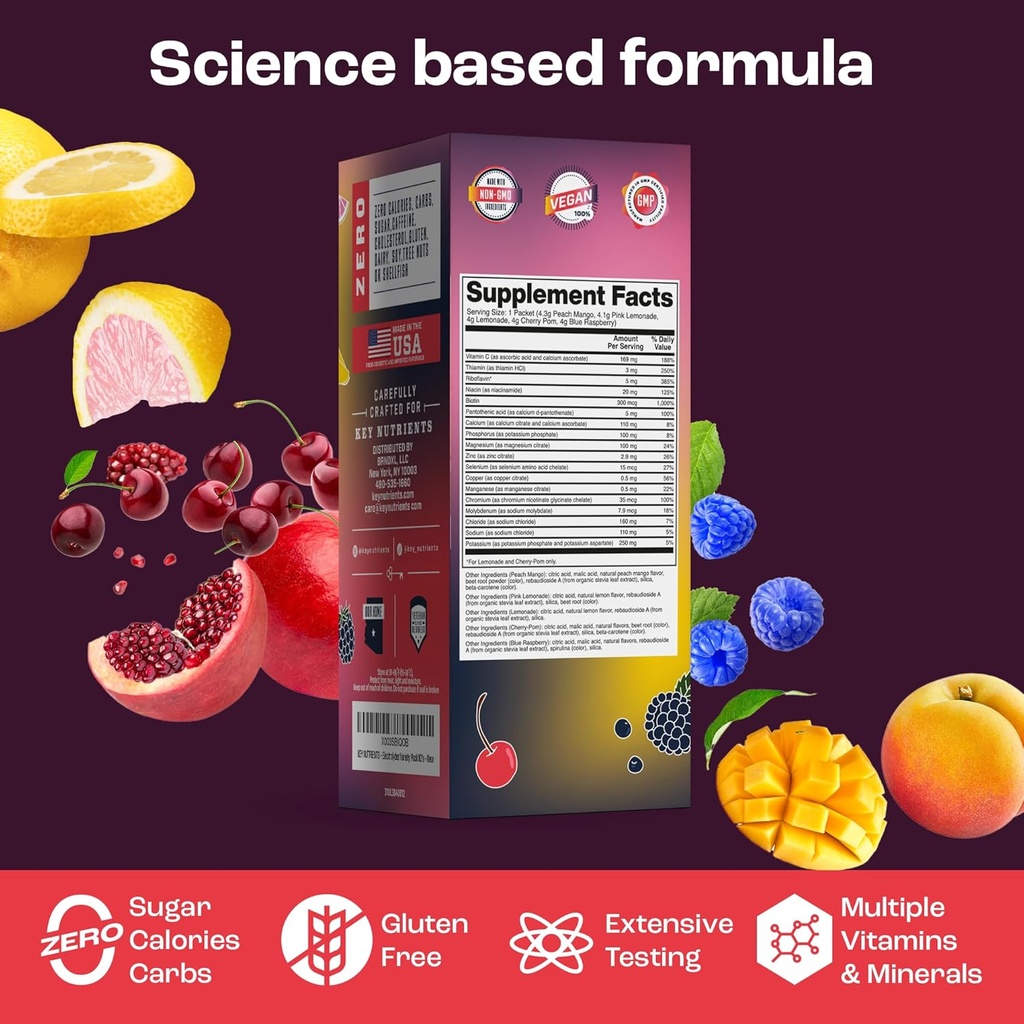 KEY NUTRIENTS Multivitamin Electrolytes Powder No Sugar - 5 Delicious Flavors Electrolyte Powder - Endurance & Energy Supplement - Hydration Powder - No Calories - 10 Servings - Made in USA 3