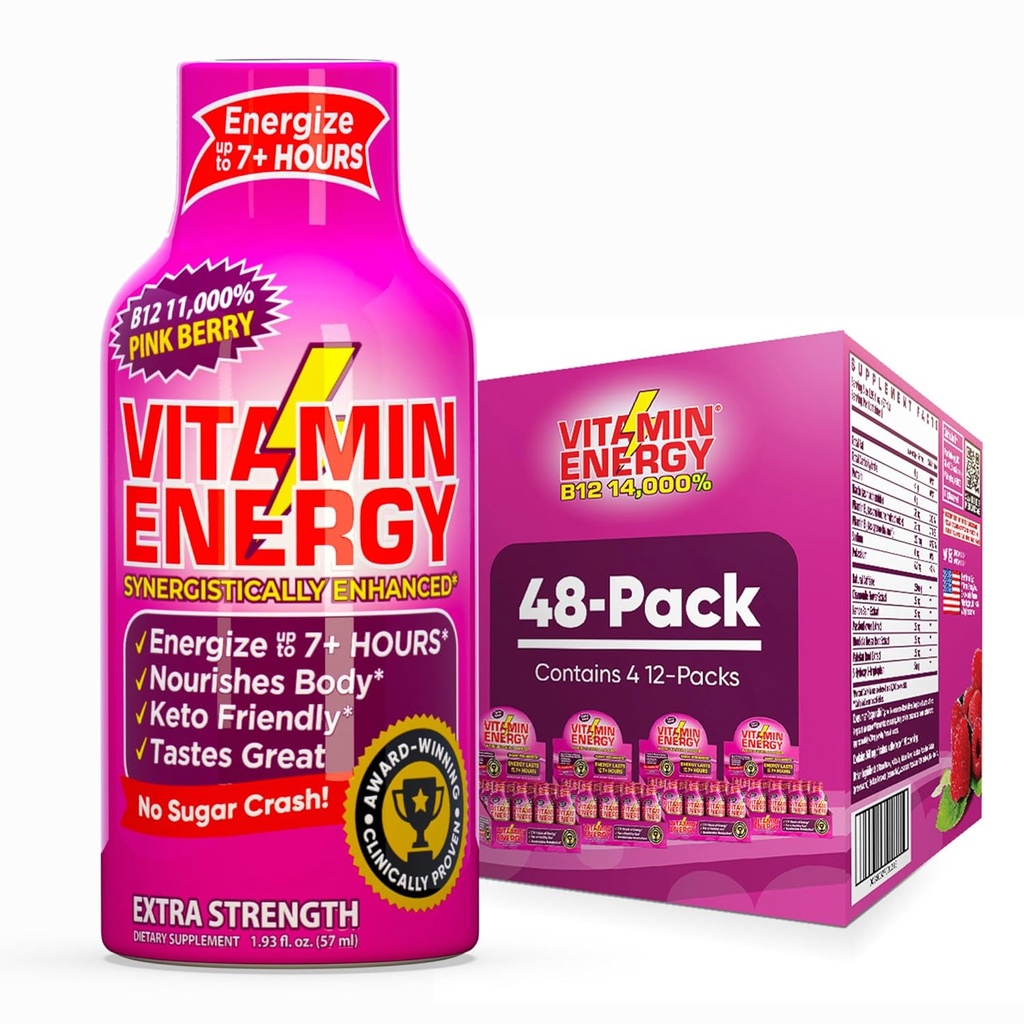 Vitamin Energy B12 11,000% Extra Strength Energy Shot Pink Berry 48 Pack, 260mg Natural Caffeine, B12 & B6, Nootropic Focus, Vitality, Zero Sugar, Gluten-Free, Vegan, Kosher, 1.93 fl oz 2