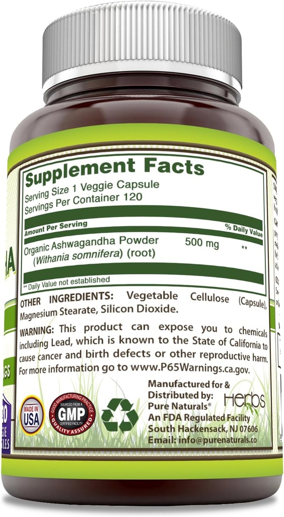 Pure Naturals Ashwagandha 500 Mg per Serving 120 Veggie Capsules Supplement | Made with Natural Ashwagandha | Non-GMO | Gluten Free | Made in USA 4