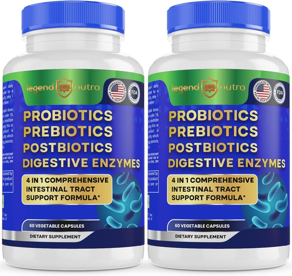 Probiotics + Prebiotics Postbiotics Digestive Enzymes = 4 in 1 Formula Supplement for Better Digestion Health Women, Men and Gut, 2-Pack, 120 Count 2