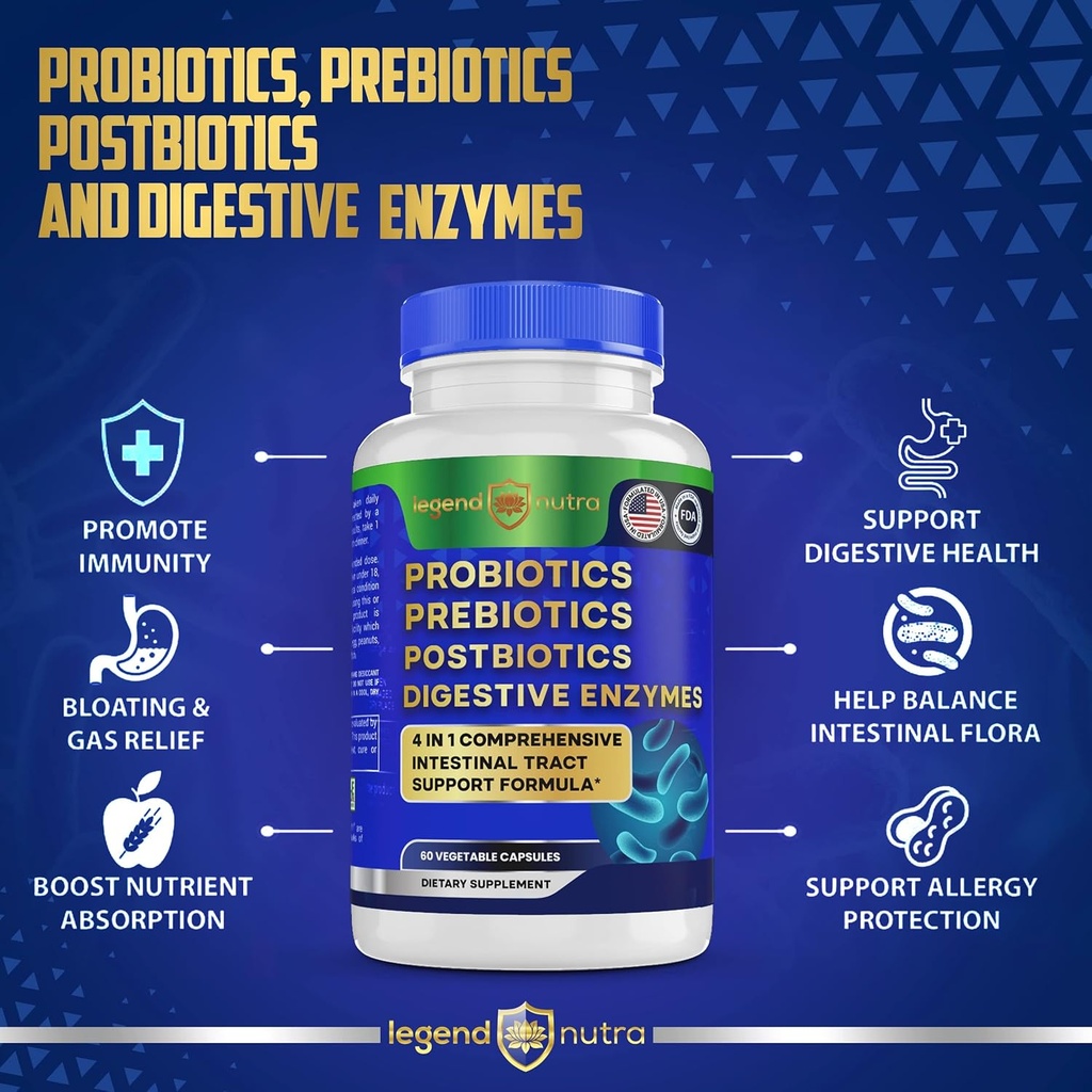Probiotics + Prebiotics Postbiotics Digestive Enzymes = 4 in 1 Formula Supplement for Better Digestion Health Women, Men and Gut, 2-Pack, 120 Count 4