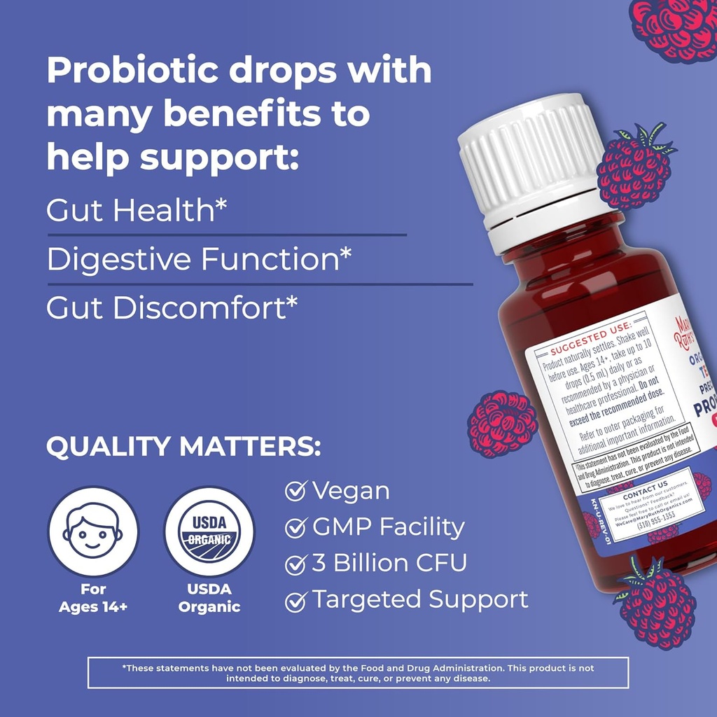 MaryRuth Organics Precision Probiotic Drops for Teens (Raspberry) & Lion's Mane Drops | USDA Organic | Vitamins for Gut Health, Cognitive Support, & Overall Wellness | Vegan, Non-GMO, Gluten Free 3