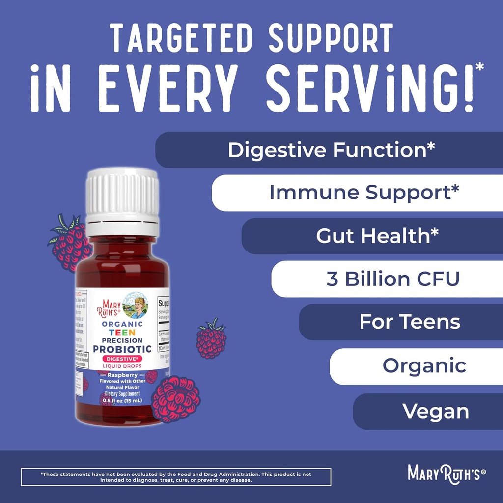 MaryRuth Organics Precision Probiotic Drops for Teens (Raspberry) & Lion's Mane Drops | USDA Organic | Vitamins for Gut Health, Cognitive Support, & Overall Wellness | Vegan, Non-GMO, Gluten Free 5
