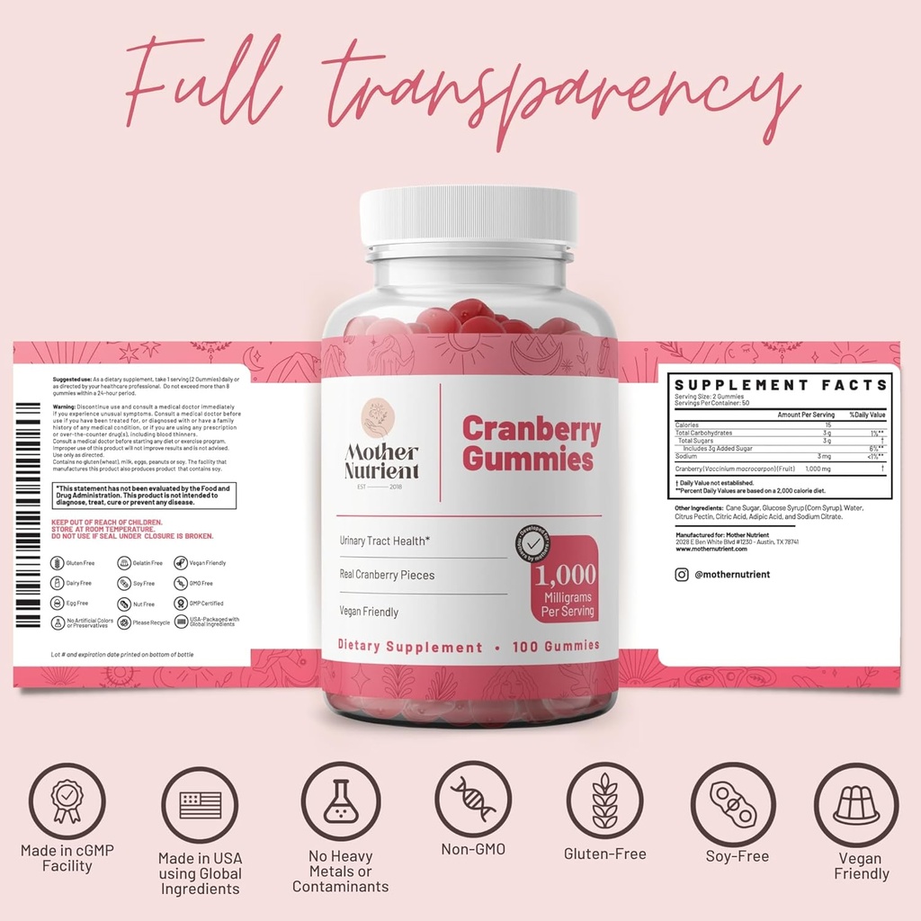 Mother Nutrient Cranberry Gummies Supplement for Women & Kids- Urinary Tract Health- Less Tart & 90% Less Sweet, Gluten-Free, Non-GMO, Vegan - Pure Cranberry Extract 1000mg - 100 Count. 6