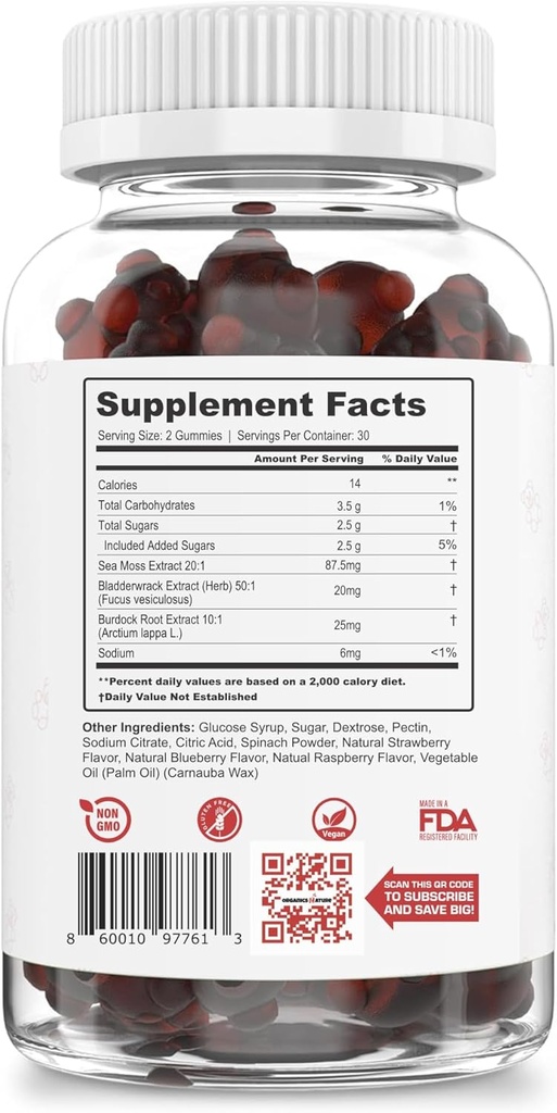 ORGANICS NATURE Irish Sea Moss Gummies for Lung Detox, Thyroid, Strength Immune & Energy Support, Vegan Seamoss Gummies for Kids & Adults - 60 Vegan Gummy Bears Berry Flavored 3