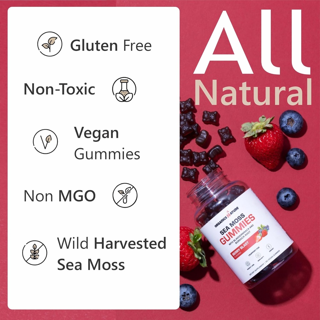 ORGANICS NATURE Irish Sea Moss Gummies for Lung Detox, Thyroid, Strength Immune & Energy Support, Vegan Seamoss Gummies for Kids & Adults - 60 Vegan Gummy Bears Berry Flavored 5