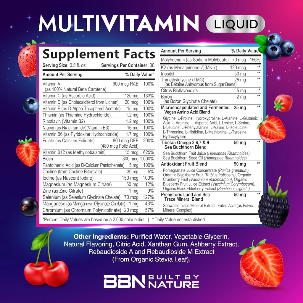 Liquid Multivitamin for Women, Men, and Kids - Liquid Vitamins Supplement for Adults - Natural Multimineral - Vegan, Non-GMO, Gluten Free, Sugar Free – Delicious Berry Flavor - 15 Fl Oz, 30 Servings 3