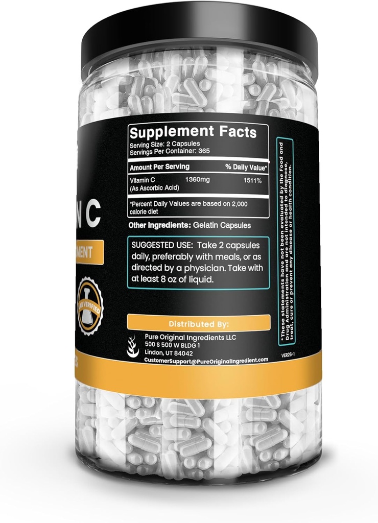 Pure Original Ingredients Vitamin C (730 Capsules) No Magnesium Or Rice Fillers, Always Pure, Lab Verified 3