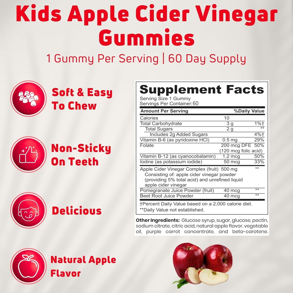 Apple Cider Vinegar Gummies for Kids, 60 Servings. Gluten Free, Vegan and Gelatin Free ACV Gummies 4