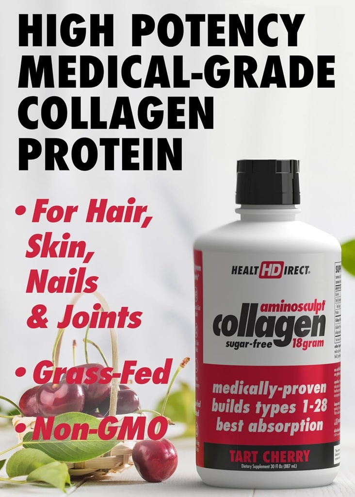 HEALTH DIRECT AminoSculpt Sugar-Free Collagen Supplement - High Potency Medical-Grade Protein for Hair, Skin, Nails & Joints, Grass-Fed, Non-GMO, Liquid Collagen - Tart Cherry - 30 Fl Oz 3