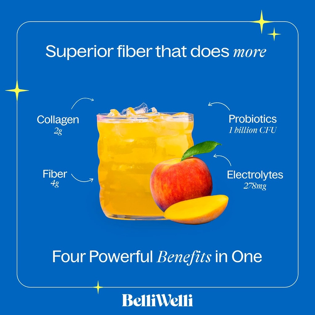 BelliWelli Fiber Supplement for Women & Men – Premium Daily Fiber Powder from Organic Acacia with Added Collagen, Electrolytes & Probiotics – No Bloat, Constipation & Gut Health Support (Peach Mango) 4