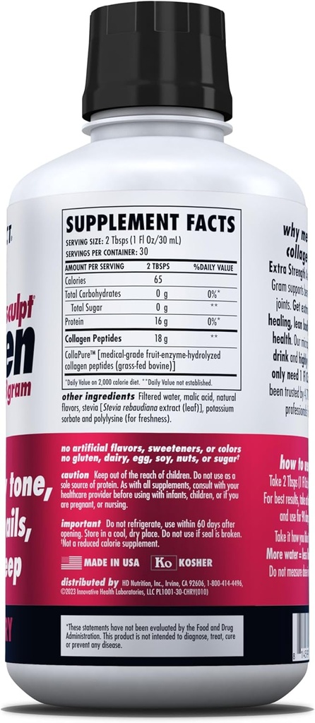 HEALTH DIRECT AminoSculpt Sugar-Free Collagen Supplement - High Potency Medical-Grade Protein for Hair, Skin, Nails & Joints, Grass-Fed, Non-GMO, Liquid Collagen - Tart Cherry - 30 Fl Oz 5