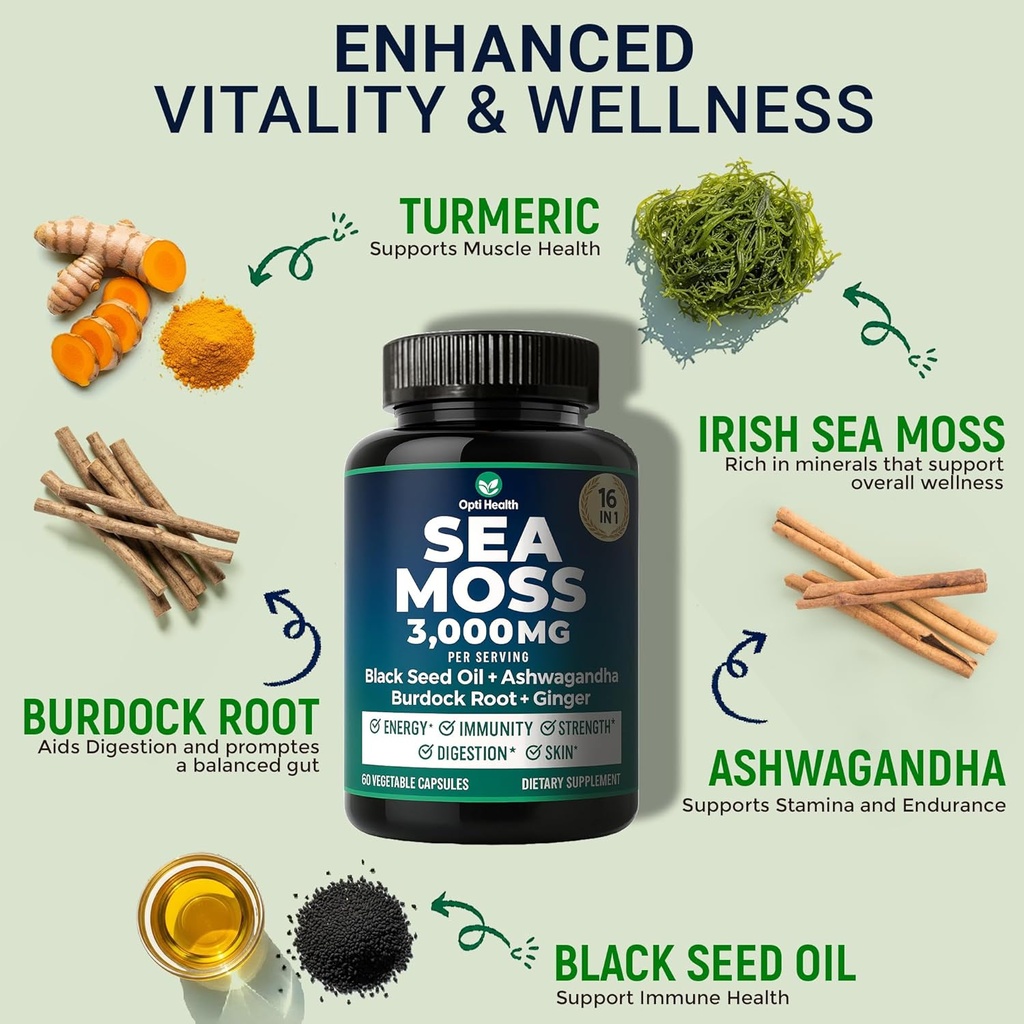 Sea Moss Black Seed Oil Ashwagandha Ginger - Advanced Irish Sea Moss Capsules All in One Supplement with Seamoss Black Seed Oil Ashwagandha Burdock Root Bladderwrack - Pills for Energy, Immune, Gut 3
