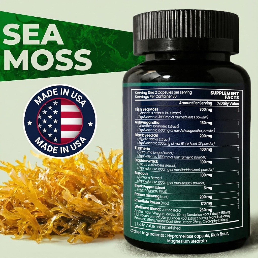 Sea Moss Black Seed Oil Ashwagandha Ginger - Advanced Irish Sea Moss Capsules All in One Supplement with Seamoss Black Seed Oil Ashwagandha Burdock Root Bladderwrack - Pills for Energy, Immune, Gut 4