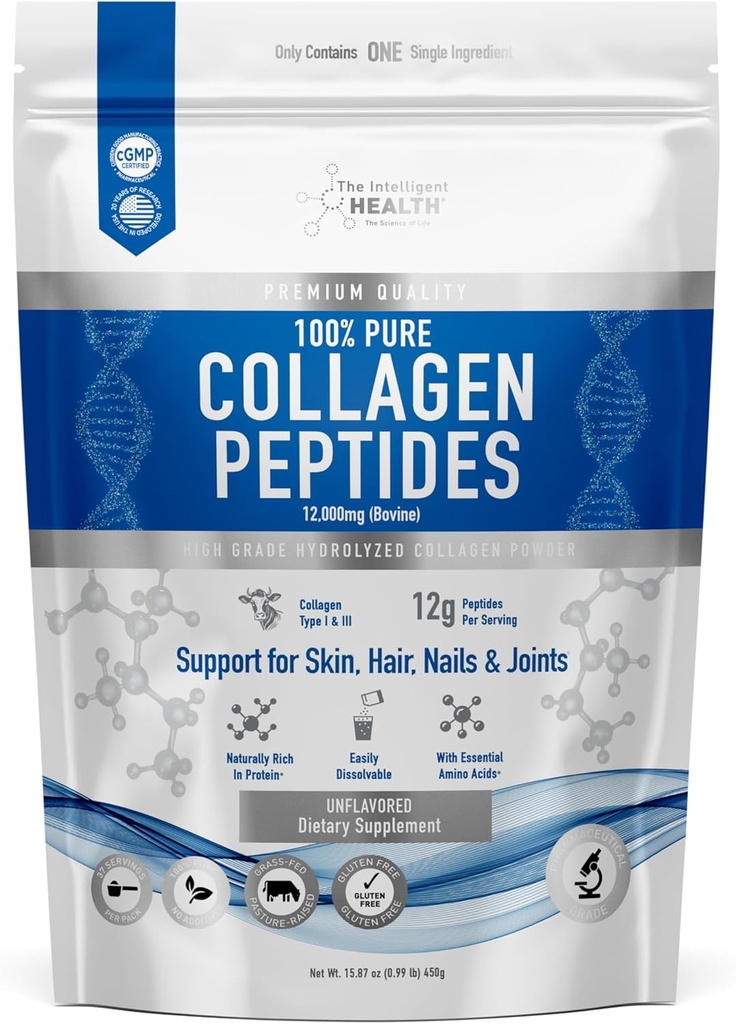 The Intelligent Health Collagen Peptides Powder, 45 Servings, Hydrolyzed Collagen, Type I & III, Grass Fed, Unflavored, Gluten Free, Keto/Paleo, 10g Servings, 15.9 Oz, Skin Support, Hair, Nail, Joints 2
