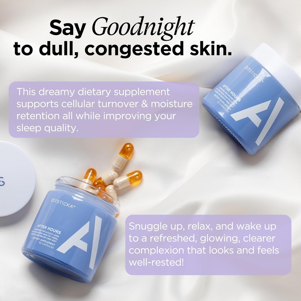 ZitSticka Vitamin Acne Supplement for Cystic Acne w/ 30 Natural Caps for Women and Men, Supplements for Hormonal Support, Skin Clarity, Dark Spots - Dermatologist Tested (After Hours Ceramides) 4