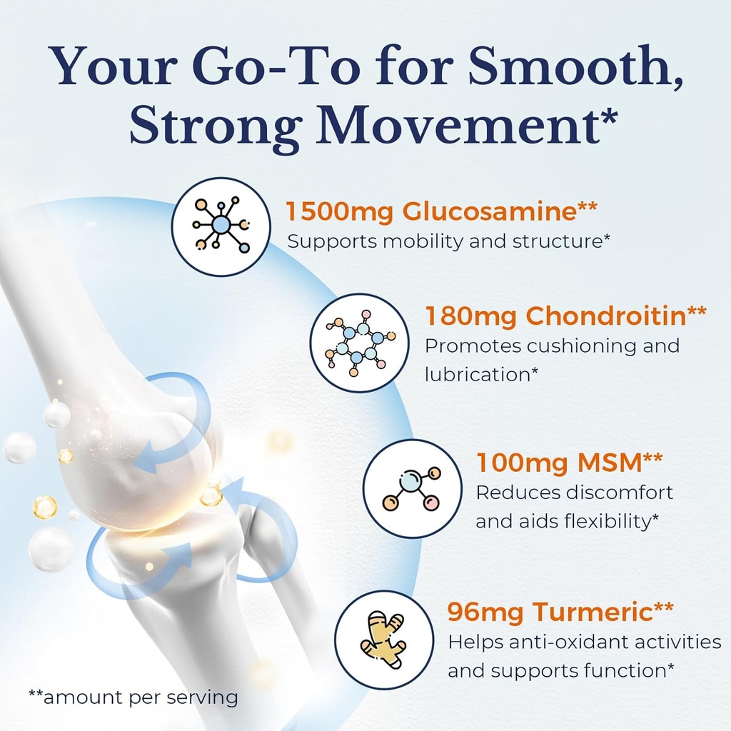 Vitalitown Glucosamine Chondroitin MSM, Turmeric, Collagen, Hyaluronic Acid, Boswellia, Quercetin, 11-in-1 Formula, Glucosamine Sulfate 1500 mg, No Shellfish, Flexibility & Comfort, 180 Caps 5