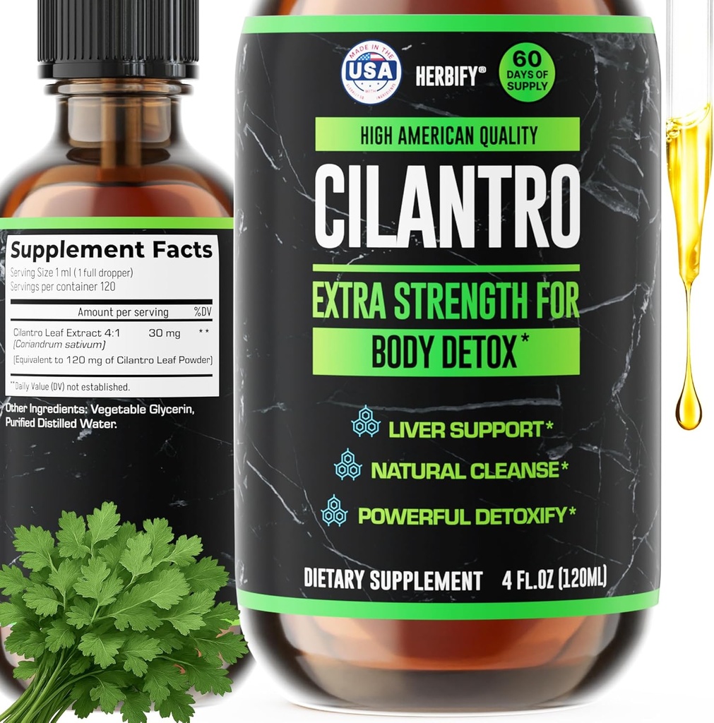 HERBIFY Cilantro Tincture - Herbal Cilantro Supplement for Detox - Rich Source of Antioxidants - Supports Heart and Body Cleanse - Made in USA - Cilantro Extract 4 Fl Oz 2