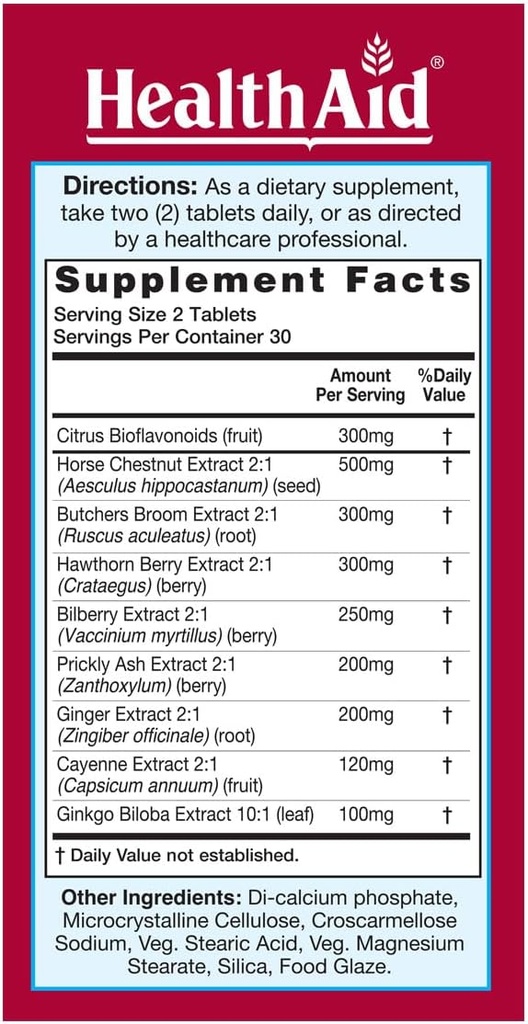 HealthAid V-Vein, Beneficial Nutrients for Healthy Circulation for Legs and feet, 60ct, Once Daily, Contains Ginkgo, Grape Seed, Vitamin C and Bilberry, Vegan 3