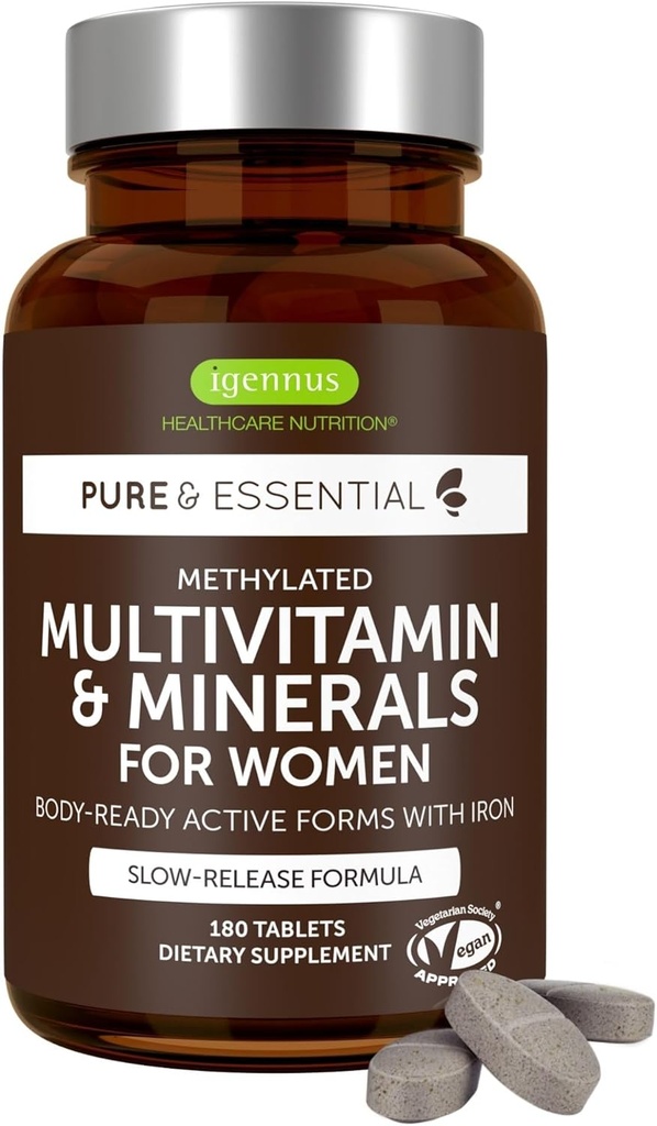 Igennus High Potency Methylated Multivitamin for Women, Pure & Clean Ingredients, MTHFR Supplement with Active B-Vitamins, Vitamin K2 MK7, Gentle Iron, Sustained Released, Non-GMO & Halal, 180 Tablets 2