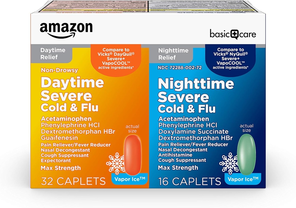 Basic Care Vapor Ice Day and Night Severe Cold and Flu Relief Caplets, Maximum Strength Medicine, Combo Pack, 48 Count 2