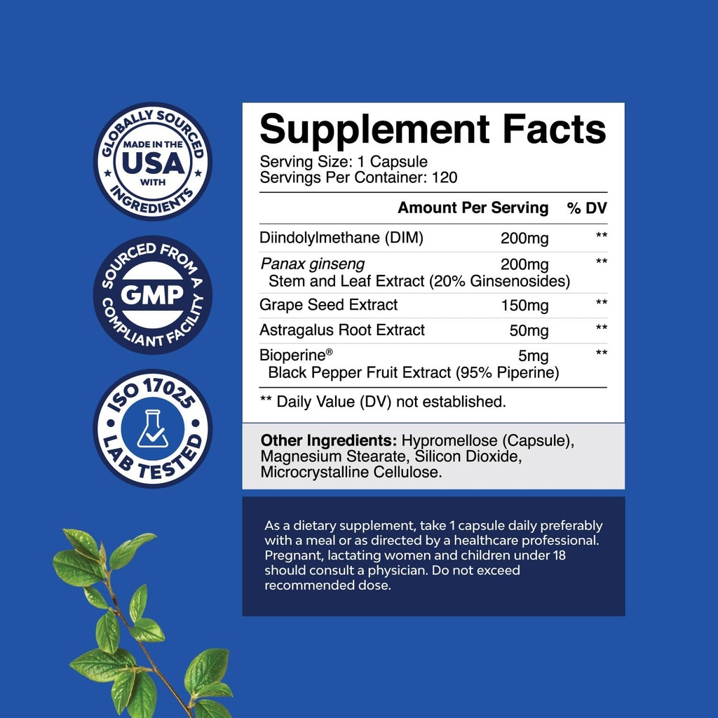 Bundle of DIM Supplement for Men with Panax Ginseng Bioperine Grapeseed & Astragalus for Prostate Health and Herbal Thyroid Support Complex with L Tyrosine, Bladderwrack, Selenium & Pure Ashwagandha 3