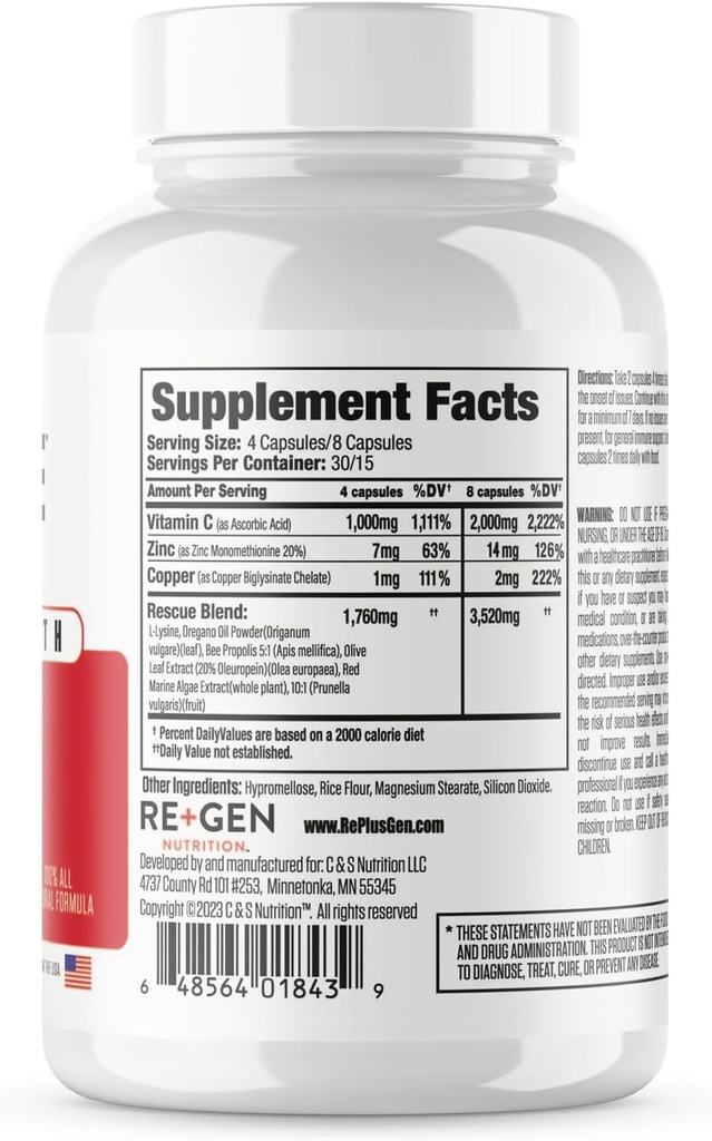 Re+Gen Nutrition HERPRESCUE Outbreak Support Supplement, Cold Sore Care for Adults, Natural Capsules w/Zinc, Vitamin C, & L lysine Amino Acid for Immune Health, 120 Capsules 3