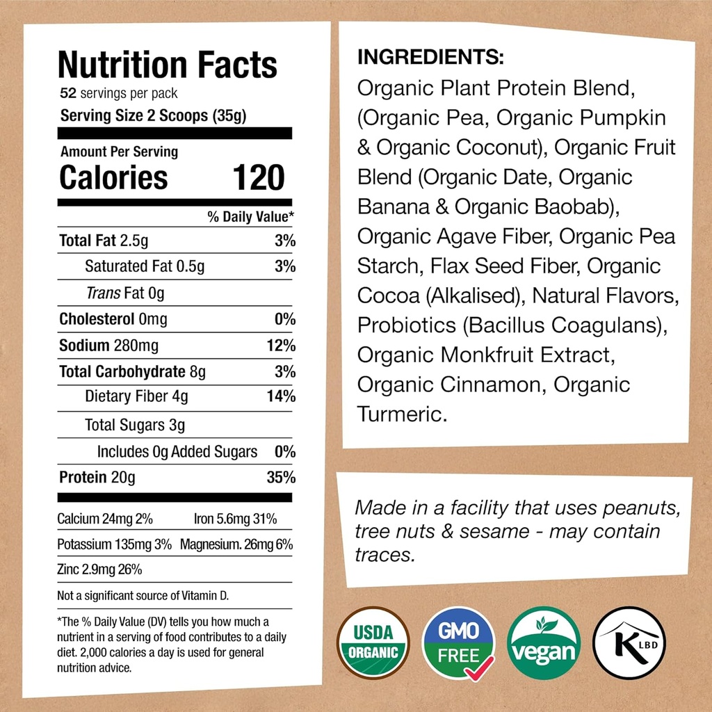 EarthChimp Organic Vegan Protein Powder - with Probiotics - Non GMO, Dairy Free, Non Whey, Plant Based Protein Powder for Women and Men, Gluten Free - 52 Servings 64 Oz (Vanilla) 3