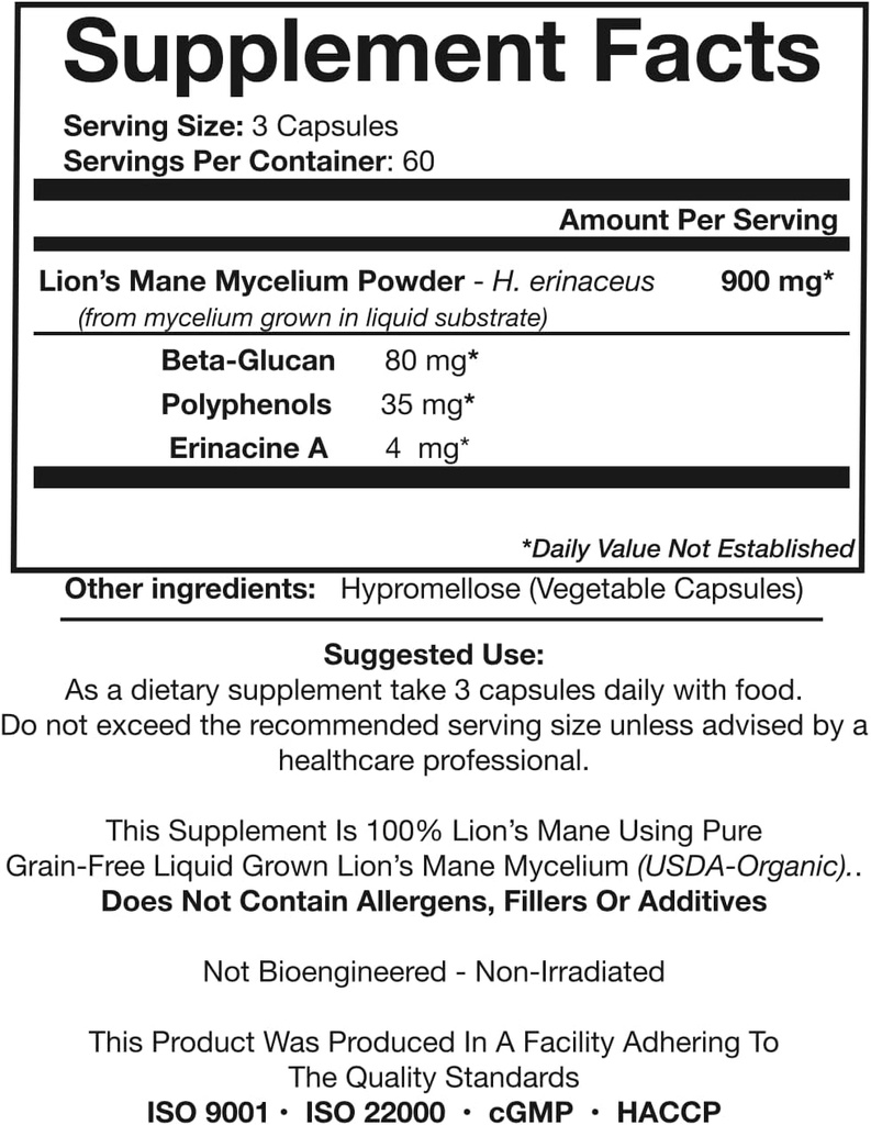 Lion’s Mane Organic Mushroom Extract Oriveda 2-Pack - Fruiting Body 180 v-caps, Mycelium 120 v-caps Supports The Brain and Nervous System 4