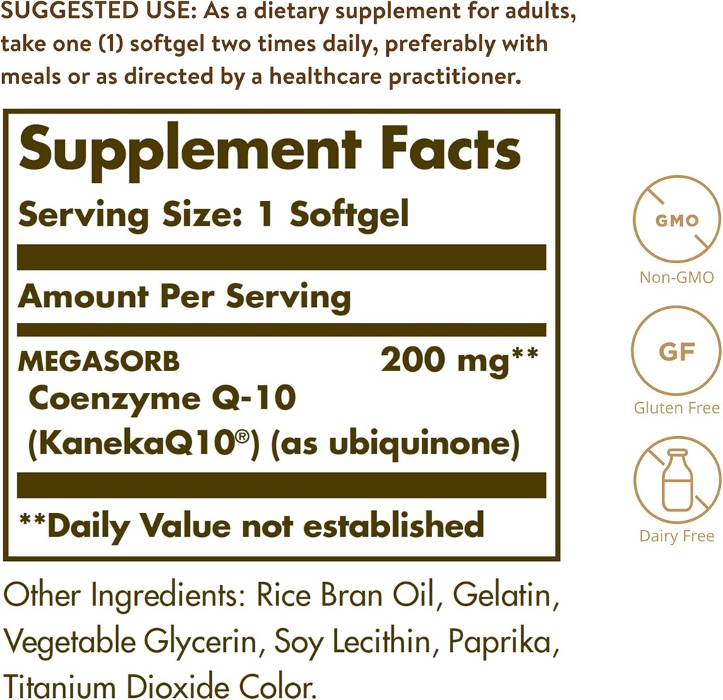 Solgar Megasorb CoQ-10 200 mg, 60 Softgels - Supports Heart & Brain Function - Coenzyme Q10 Supplement - Enhanced Absorption - Gluten Free, Dairy Free - 60 Servings 3