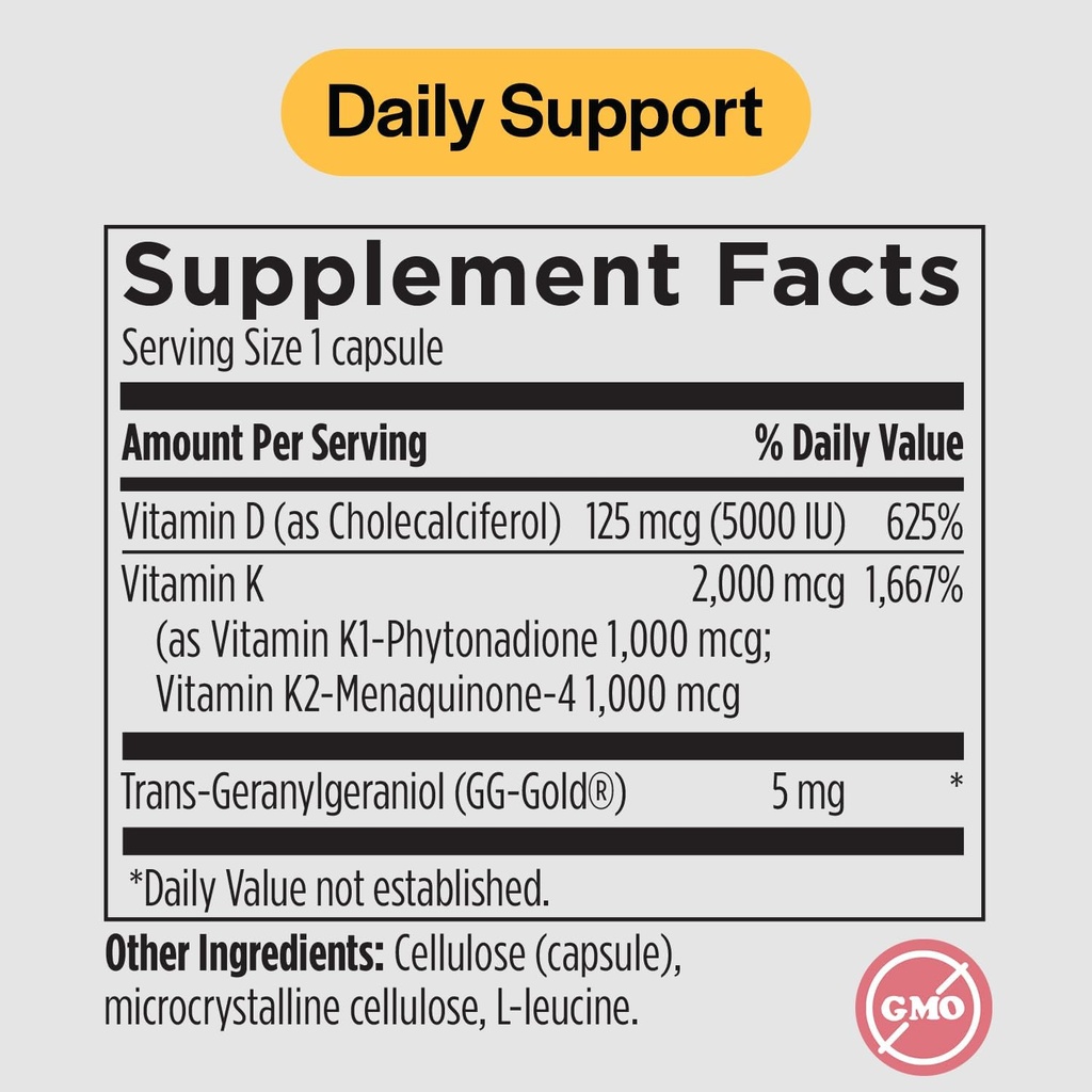 Vitamin D3 K2 Vitamin 5000 IU - VIT D3 K2 Supplement for Calcium Absorption, Bone Strength, Cardiovascular & Immune Function Support, Soy-Free, Non-GMO 30 Vegetarian Capsules 3