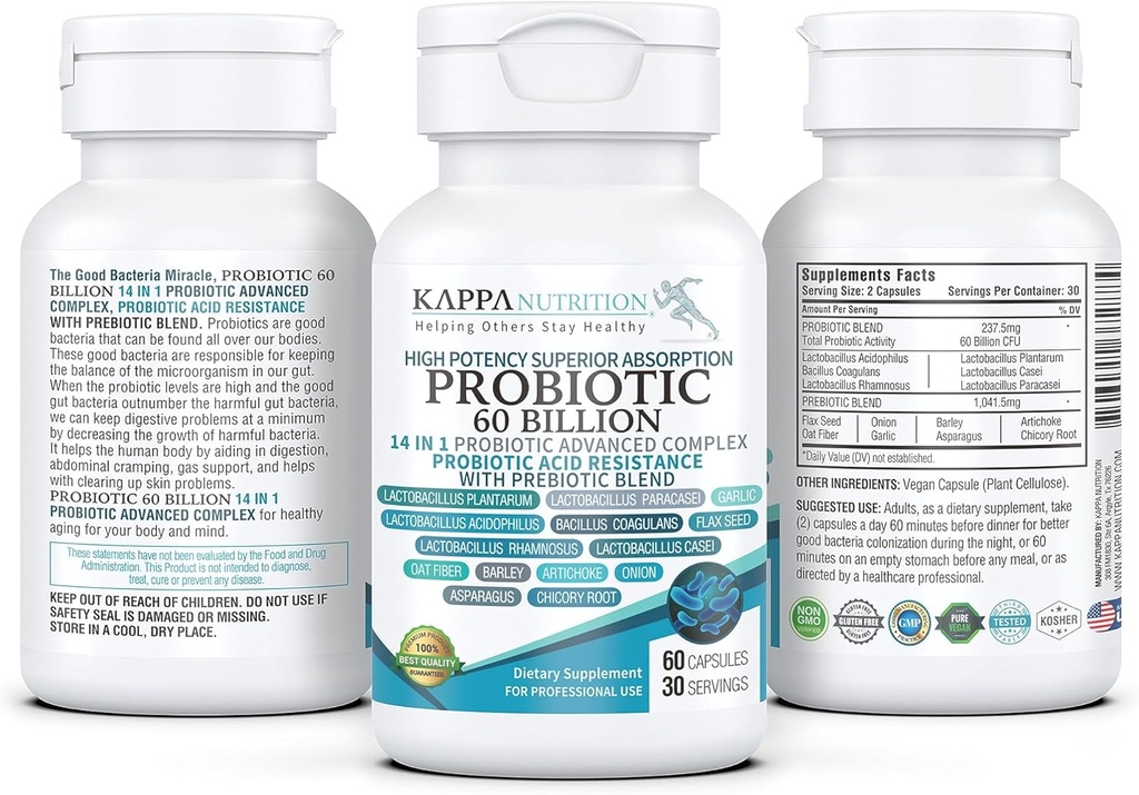 KAPPA NUTRITION Probiotic 60 Billion CFU 14 in 1 Formula with Prebiotics & Acidophilus for Women, Men & Adults, Shelf Stable, Acid Resistant, Natural Supplement 60 Capsules. 3