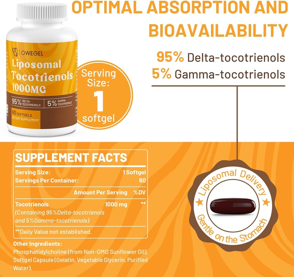 Liposomal Tocotrienols 1000mg - High Bioavailability Vitamin E Tocotrienols Supplements,95% Delta & 5% Gamma Tocotrienol Capsules Support Skin,Bone,Antioxidant,300 Softgels 5