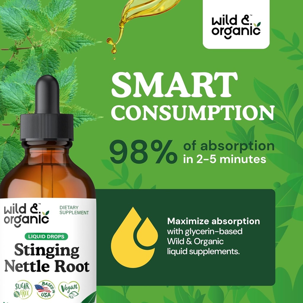 Wild & Organic Stinging Nettle Tincture - Stinging Nettle Root Extract Drops for Men & Women - Liquid Urtica Dioica Supplement - Vegan, Sugar & Alcohol-Free - 4 fl oz 5