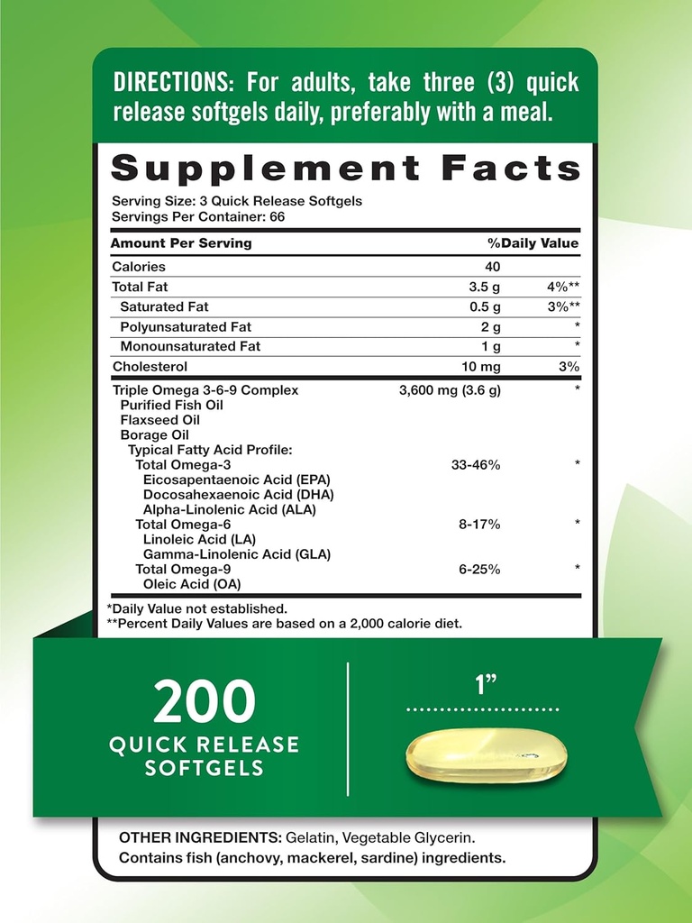 Nature's Truth Triple Omega 3 6 9 | 3600mg | 200 Softgels | Fish, Flax, and Borage Oils | Non-GMO & Gluten Free Supplement 3