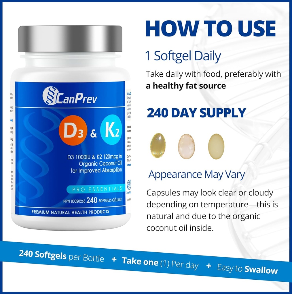 CanPrev D3 & K2 Vitamins 240 Softgels, 240-Day Supply, 1000IU Vitamin D3 & 120mcg K2, Supports Strong Bones, Teeth & Heart Wellness, Easy-to-Absorb with Organic Coconut Oil, No GMO, Gluten, Soy, Dairy 6
