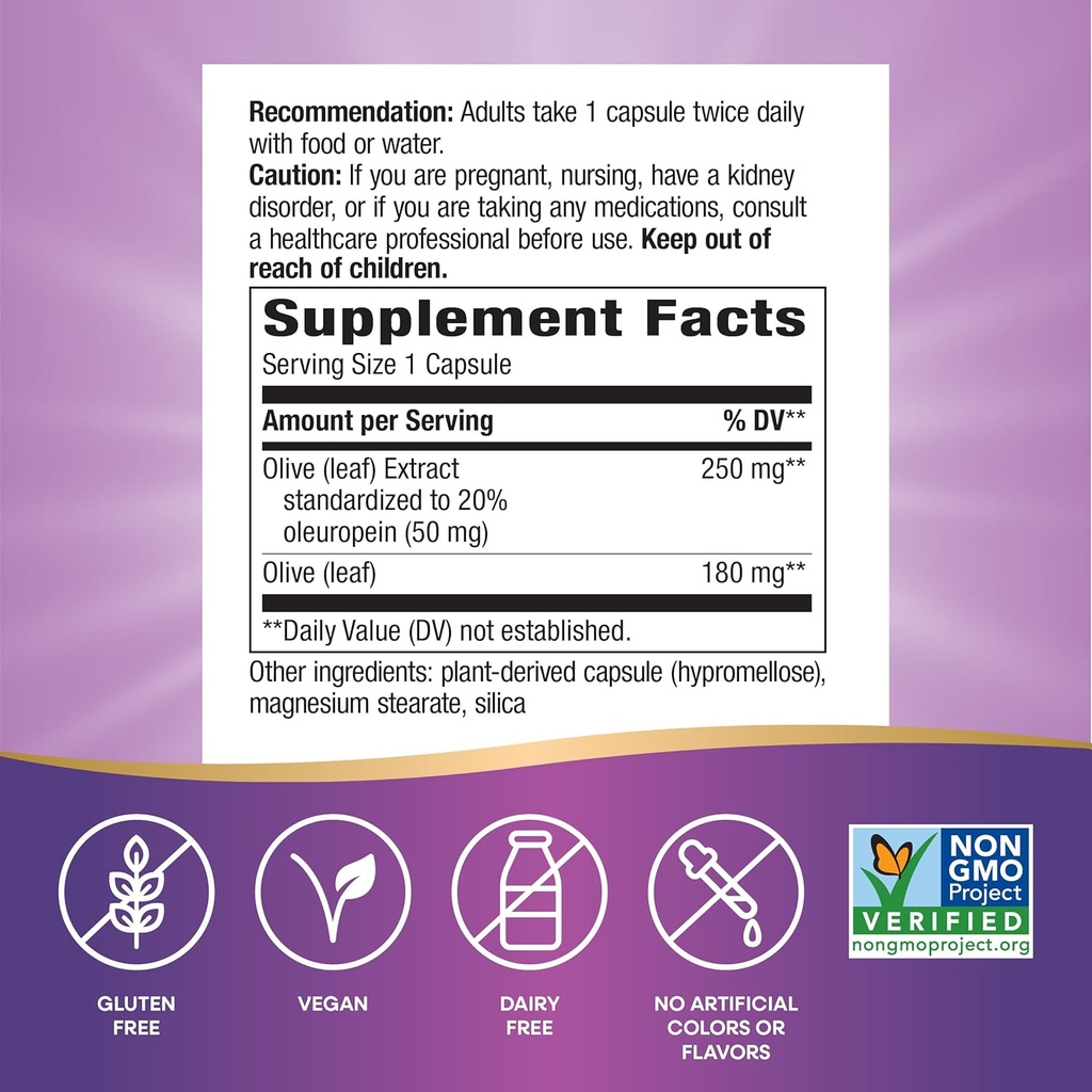 Nature's Way Olive Leaf, Premium Extract, Supports Heart Health*, 20% Oleuropein, 250 mg per serving, Non-GMO Project Verified, 60 Vegan Capsules (Packaging May Vary) 6