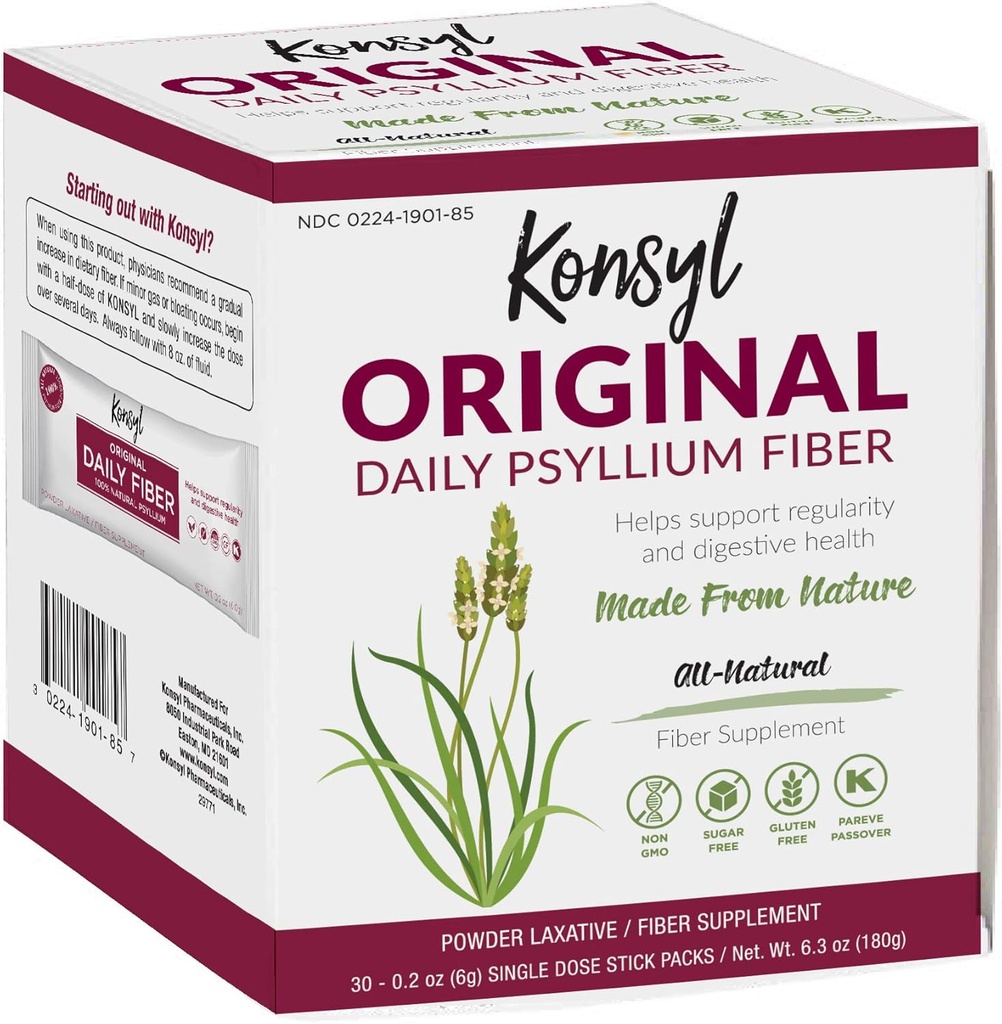 Konsyl Original Formula Daily Fiber, 100% All Natural Psyllium Husk Powder - Stickpacks 30ct 2