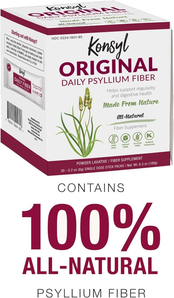 Konsyl Original Formula Daily Fiber, 100% All Natural Psyllium Husk Powder - Stickpacks 30ct 3