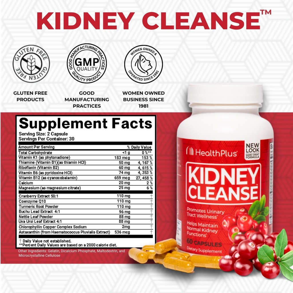 Health Plus Advanced Kidney Cleanse with Cranberry Extract, Turmeric Root and CoQ10, Helps Support Healthy Kidney Function & Urinary Tract Wellness, 60 Capsules 3