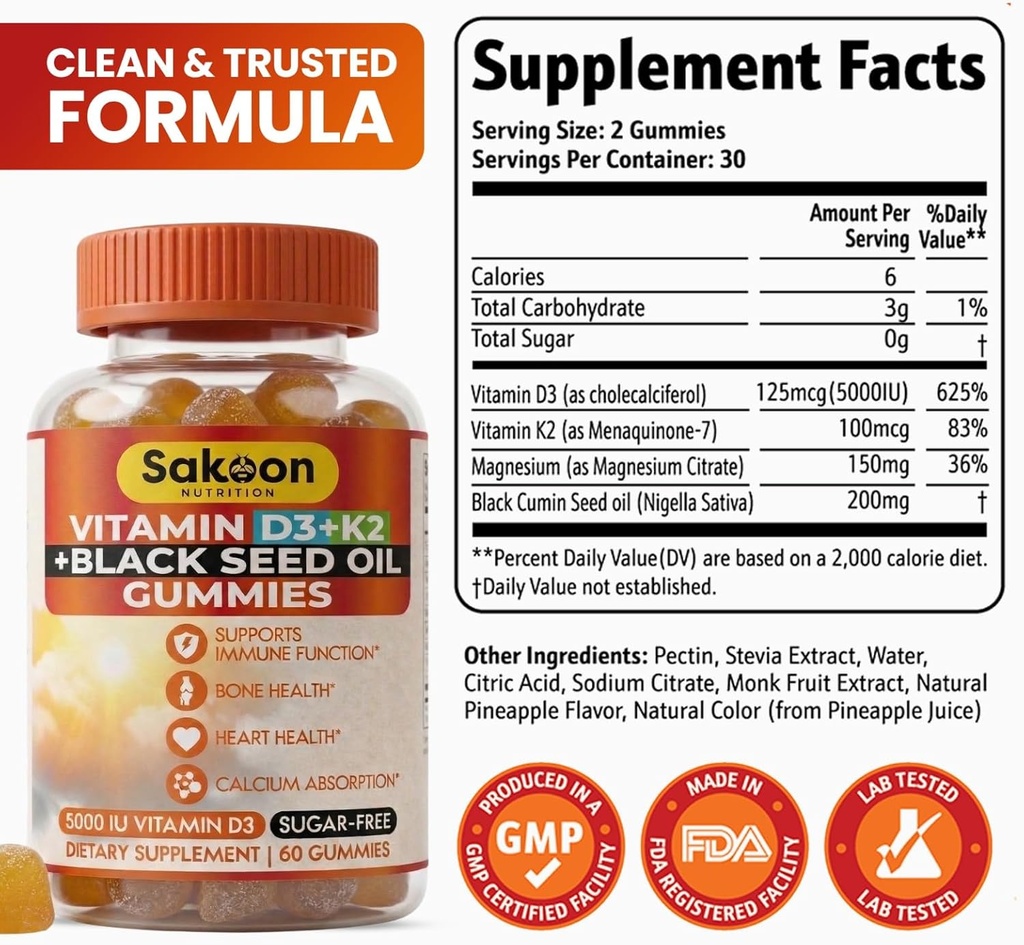Sakoon nutrition 5000 IU Vitamin D3 K2 Vitamin Supplement with Black Seed Oil for Bone, Teeth, Muscle, and Immune Defense Support, Non-GMO and Gluten Free, 60 Gummy Chewables 3