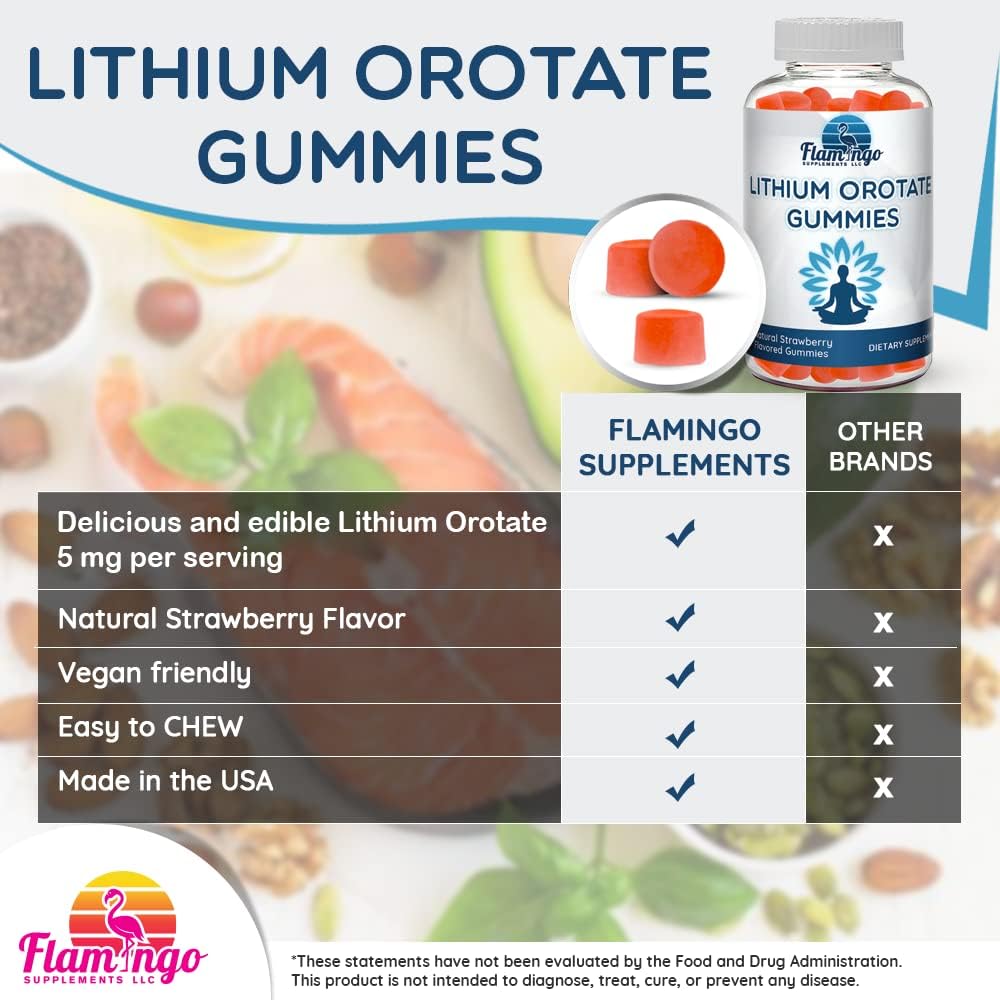 Lithium Orotate Gummies 5mg per Serving - Third Party Tested, Plant Based. Alterative to Lithium Drops or Pills. Trace Mineral for Mood Support- Strawberry Flavored Lithium Supplements- 60 Count 3