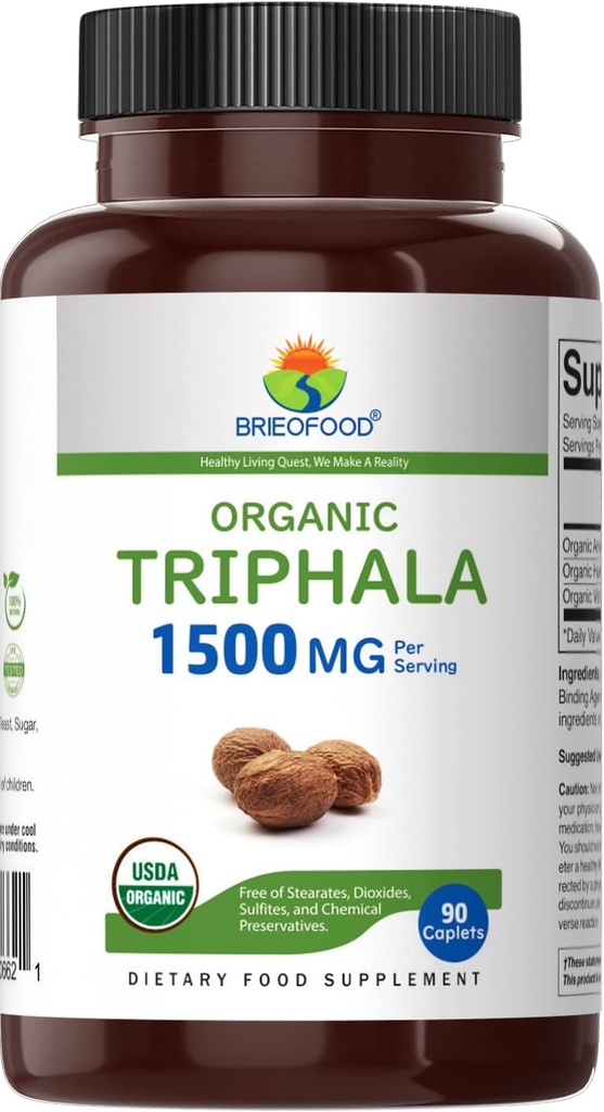 Brieofood Organic Triphala 1500mg, 45 Servings, Vegetarian, Gluten Free, 90 Vegetarian Tablets 3