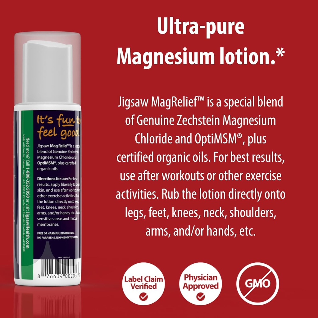 Jigsaw Health MagRelief | Ultra Pure Magnesium Lotion | with Zechstein Magnesium Chloride and OptiMSM | Fragrance Free | 5 Ounces 4