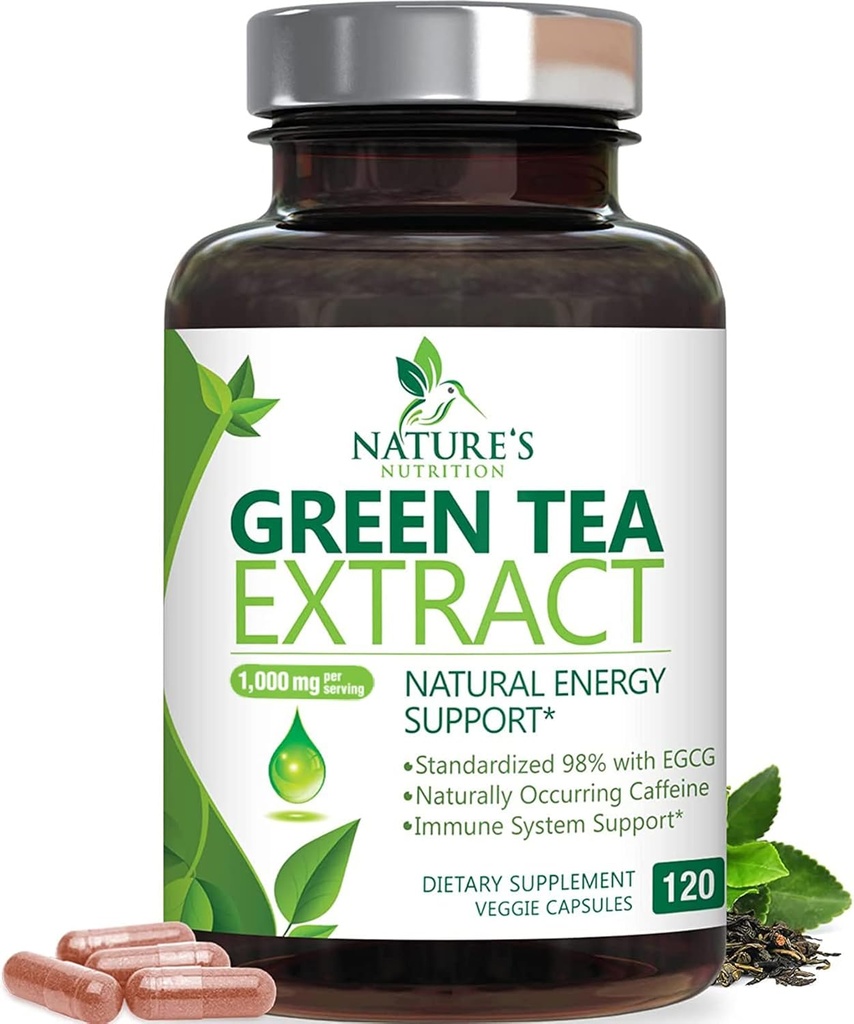 Green Tea Extract Capsules 1000mg 98% Standardized EGCG - 3X Strength for Natural Energy - Heart Support with Polyphenols - Gentle Caffeine - 120 Capsules 2